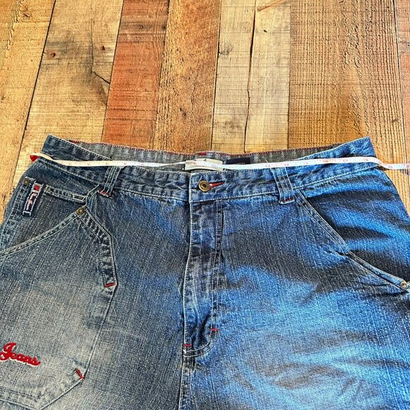 Vintage Y2K Poco Jeans Denim Cargo Shorts Size 40 Embroidered Logo & Pockets - Picture 2 of 13